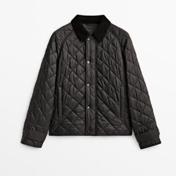 Massimo Dutti Short Quilted Jacket with a Corduroy Collar / Black / Size L - Picture 1 of 5